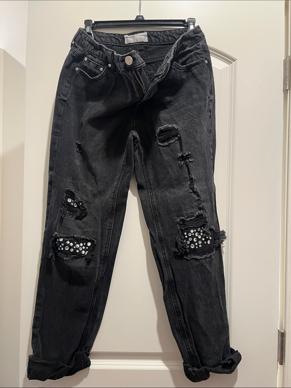 Black Distressed Women's Jeans with Studded Patch